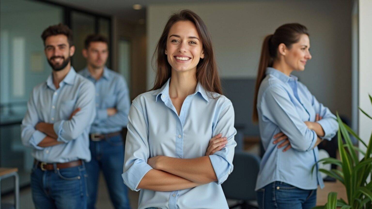 Grupo de empleados de oficina chilenos disfrutando de beneficios de seguros colectivos, estilo profesional y realista.