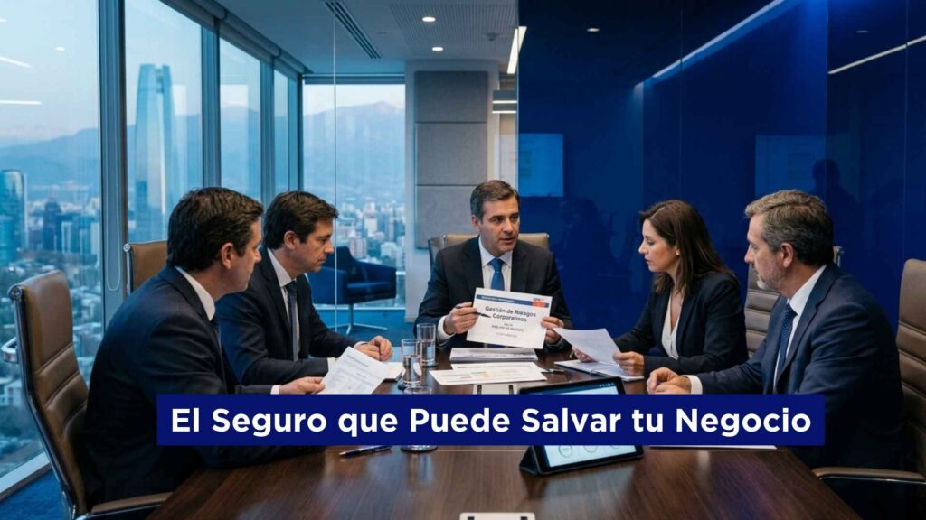 Empresarios y ejecutivos analizando riesgos corporativos y seguros de responsabilidad civil empresarial para proteger empresas, PYMES y negocios en Chile frente a daños a terceros y demandas legales.