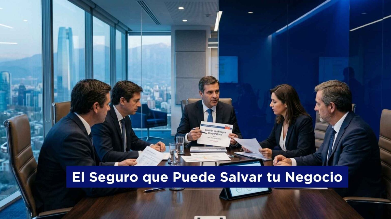 Empresarios y ejecutivos analizando riesgos corporativos y seguros de responsabilidad civil empresarial para proteger empresas, PYMES y negocios en Chile frente a daños a terceros y demandas legales.
